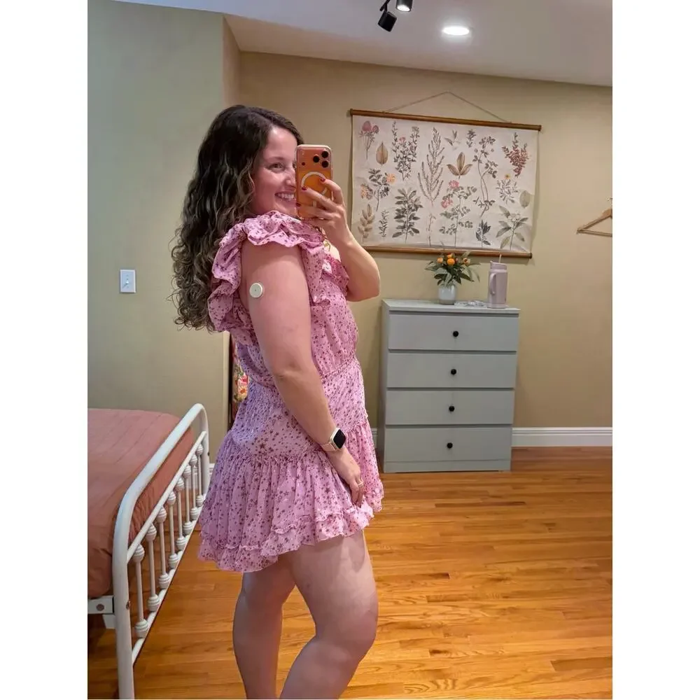 Buddy Love Pink Star-Print One-Shoulder Ruffle Mini Dress Small